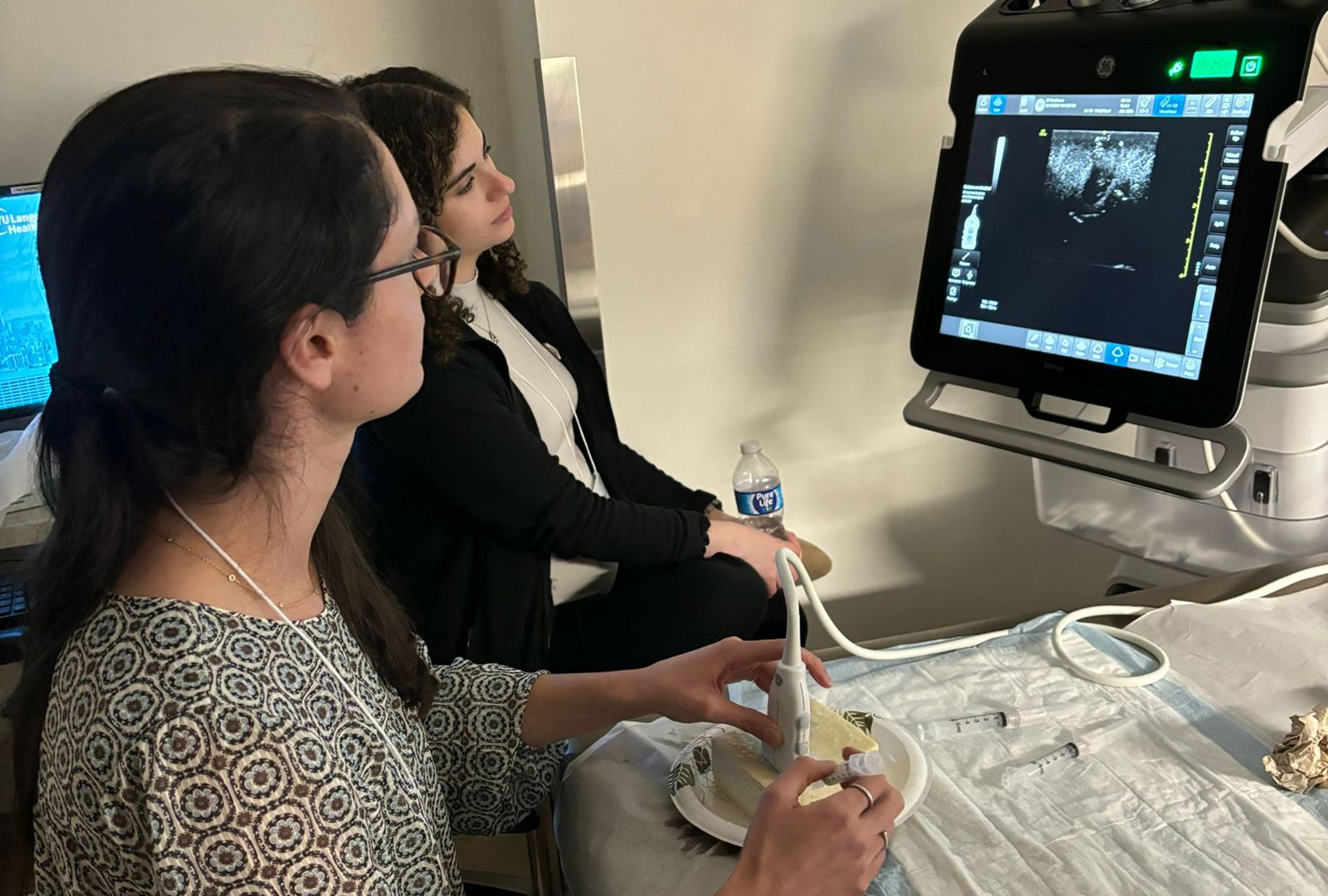 Trainees using a sonogram and looking at the imaging results